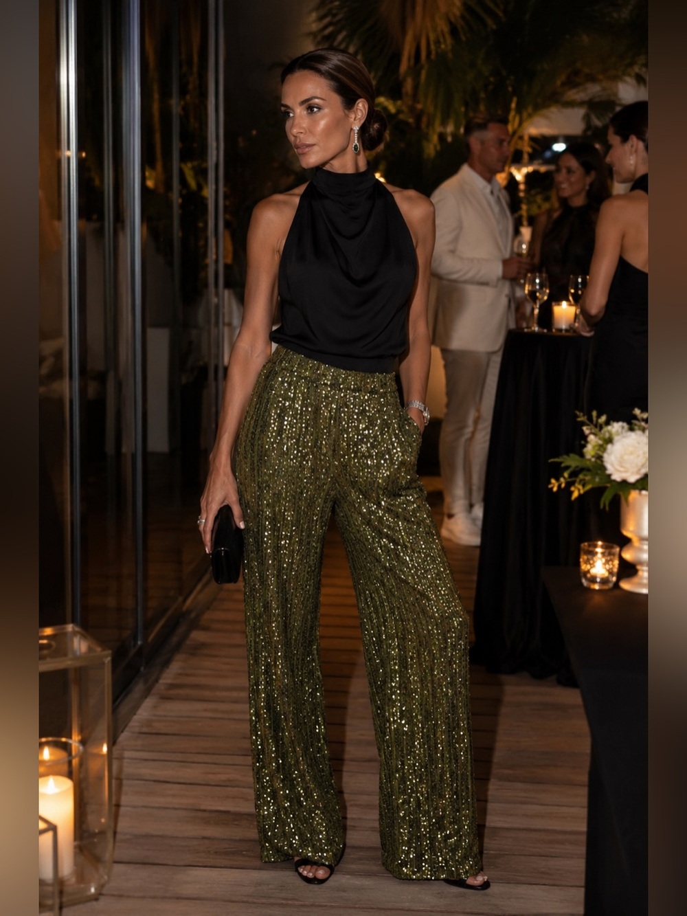 MS. BLING Sequin Wide-Leg Pants in Green XL